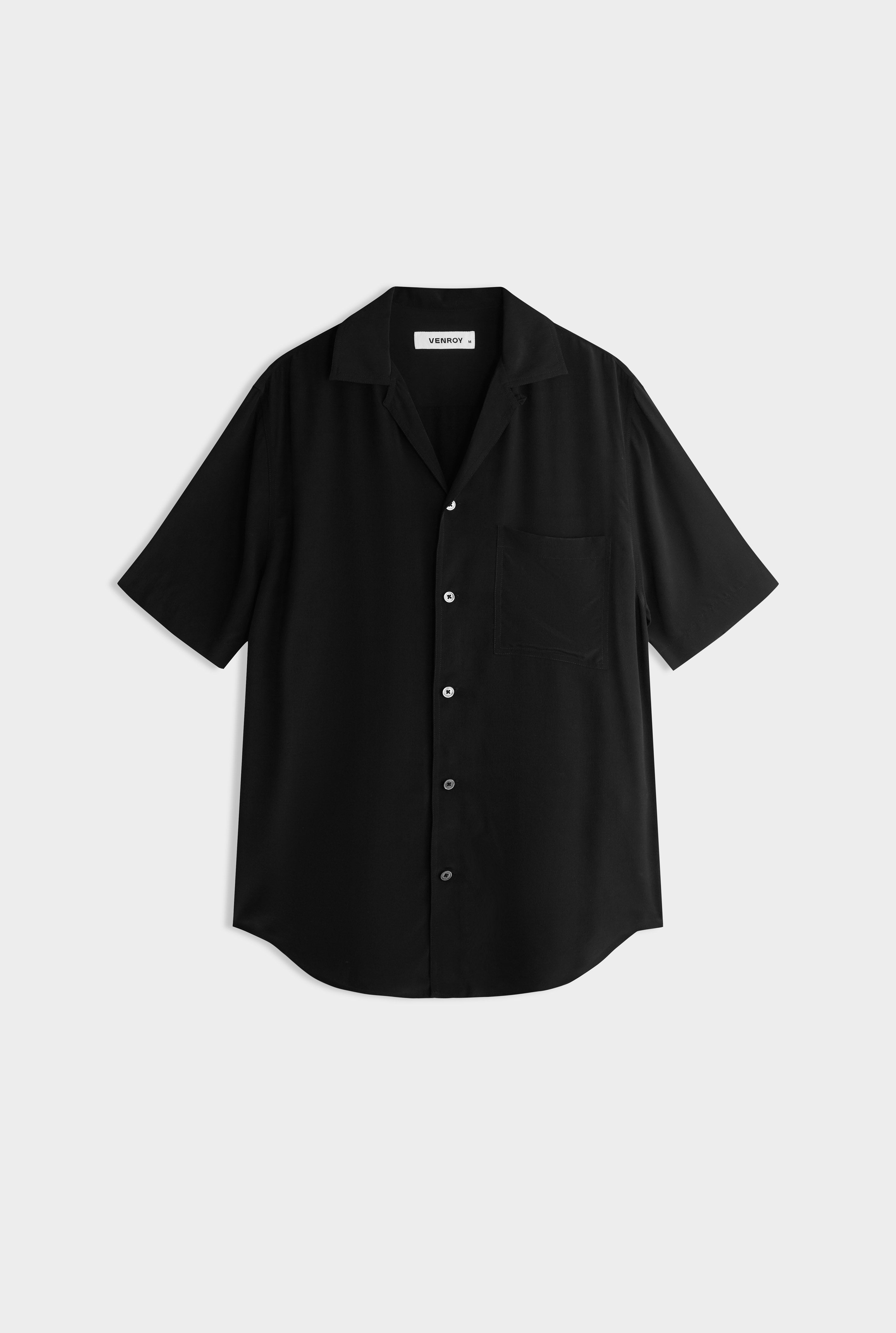 Short Sleeve Silk Camp Collar -  Black