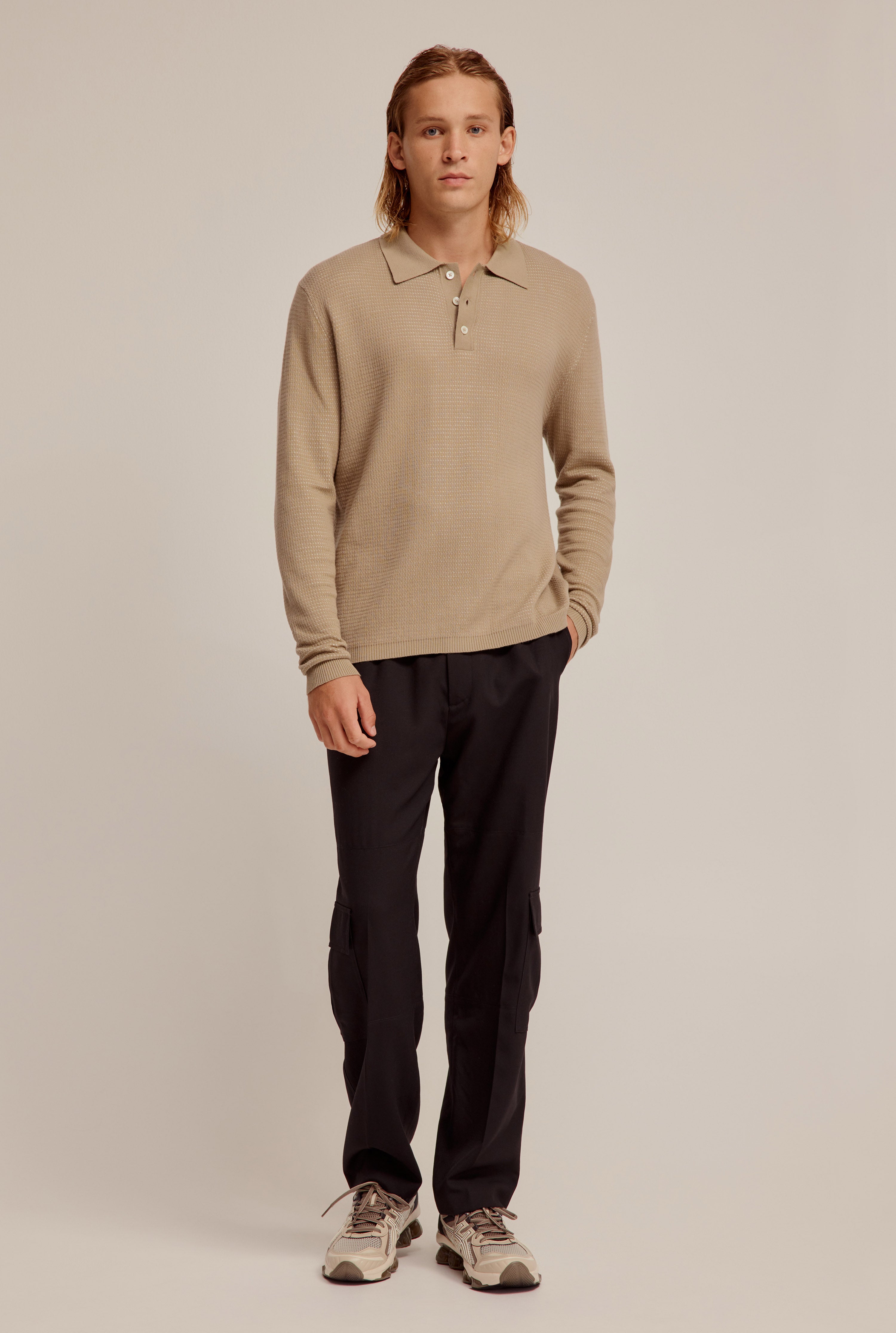 Long Sleeve Textured Cotton Knit Polo - Walnut/Cream