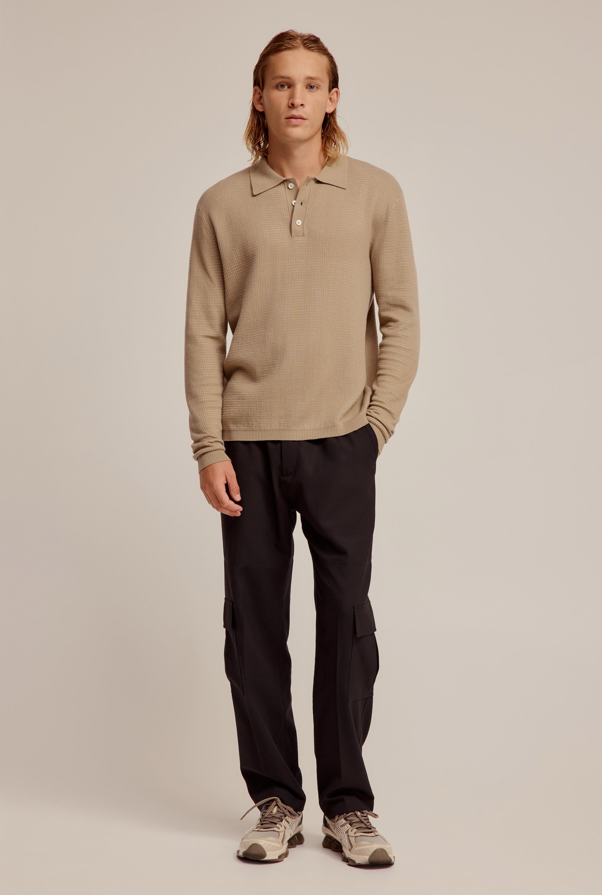 Long Sleeve Textured Cotton Knit Polo - Walnut/Cream