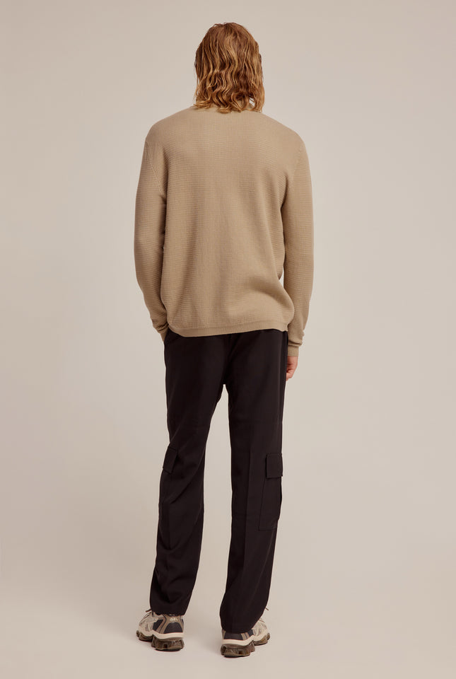 Long Sleeve Textured Cotton Knit Polo - Walnut/Cream