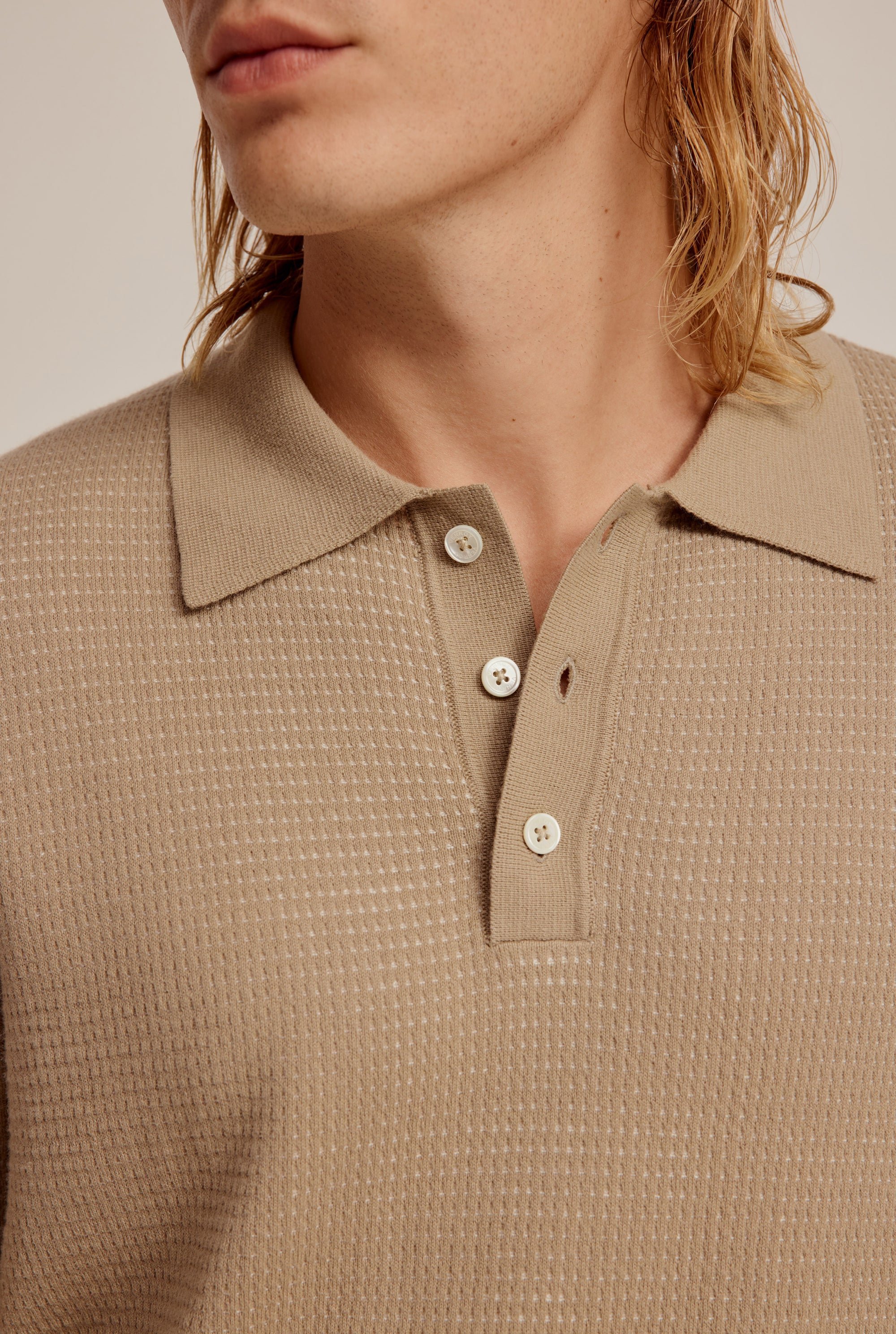 Long Sleeve Textured Cotton Knit Polo - Walnut/Cream