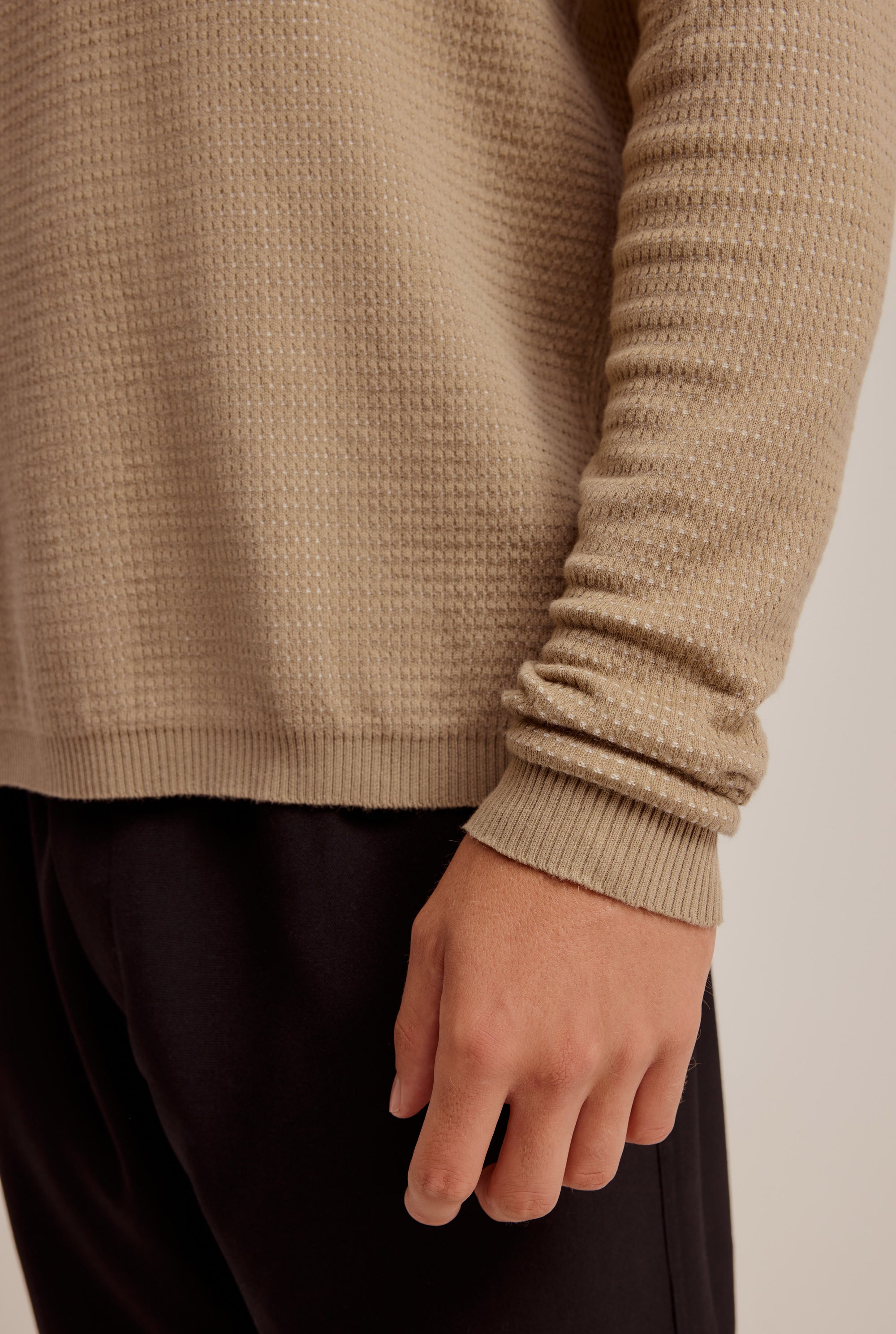 Long Sleeve Textured Cotton Knit Polo - Walnut/Cream