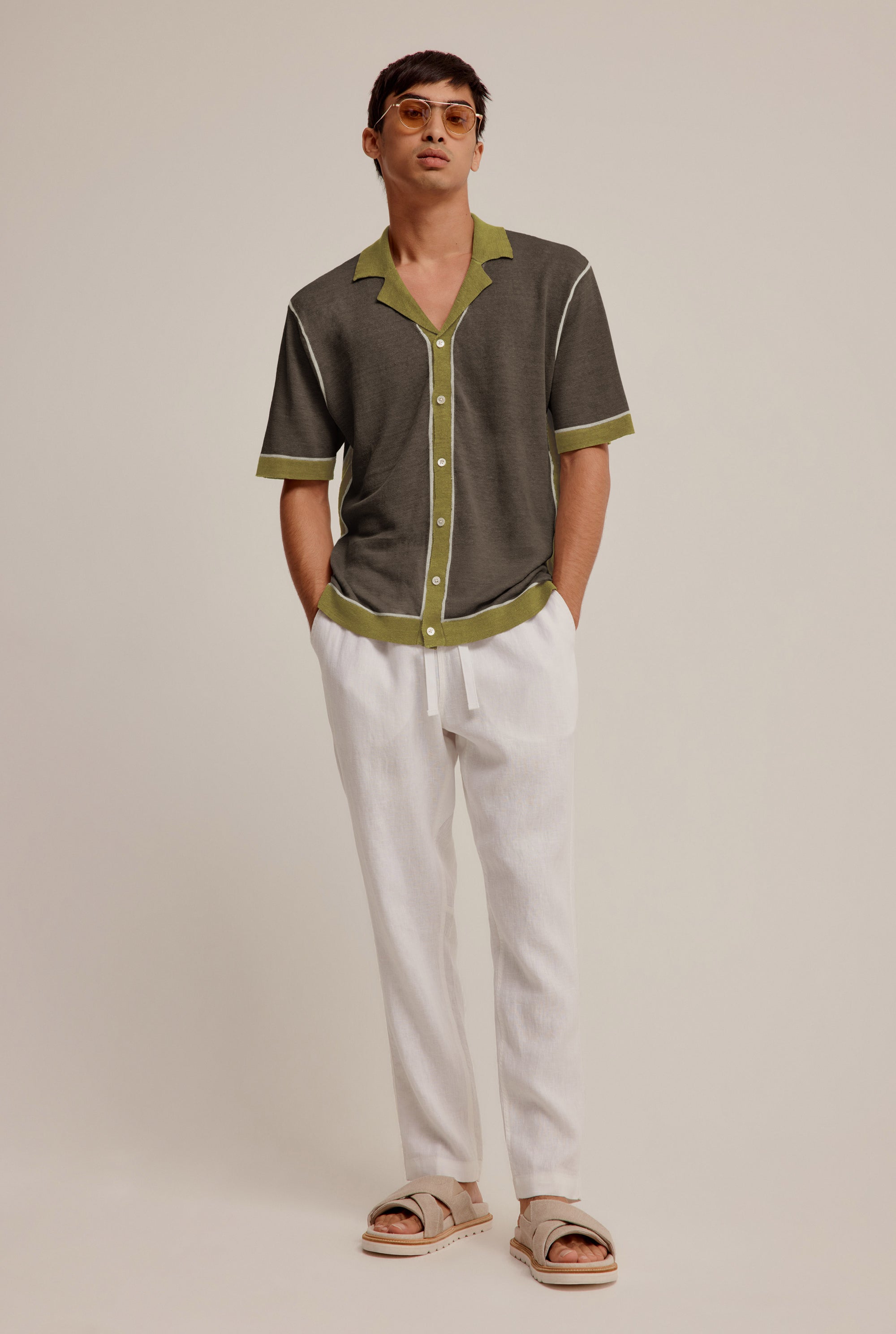 Knitted Contrast Short Sleeve Shirt - Brown/Moss Green/Cream