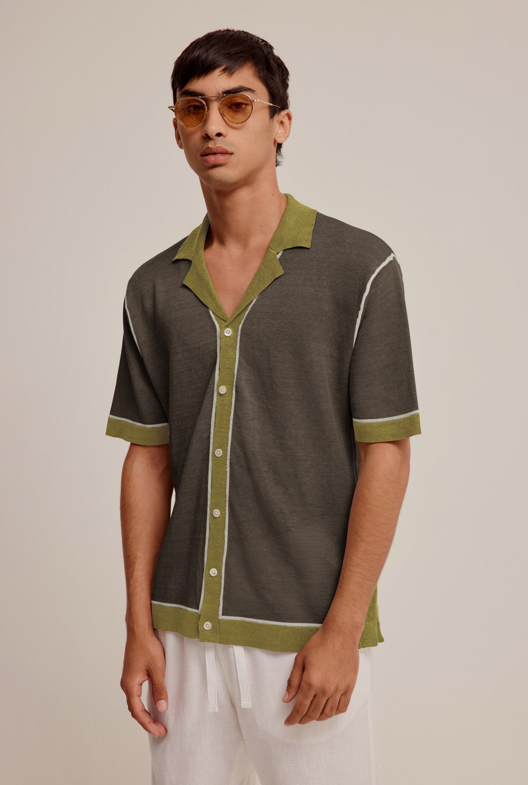 Knitted Contrast Short Sleeve Shirt - Brown/Moss Green/Cream