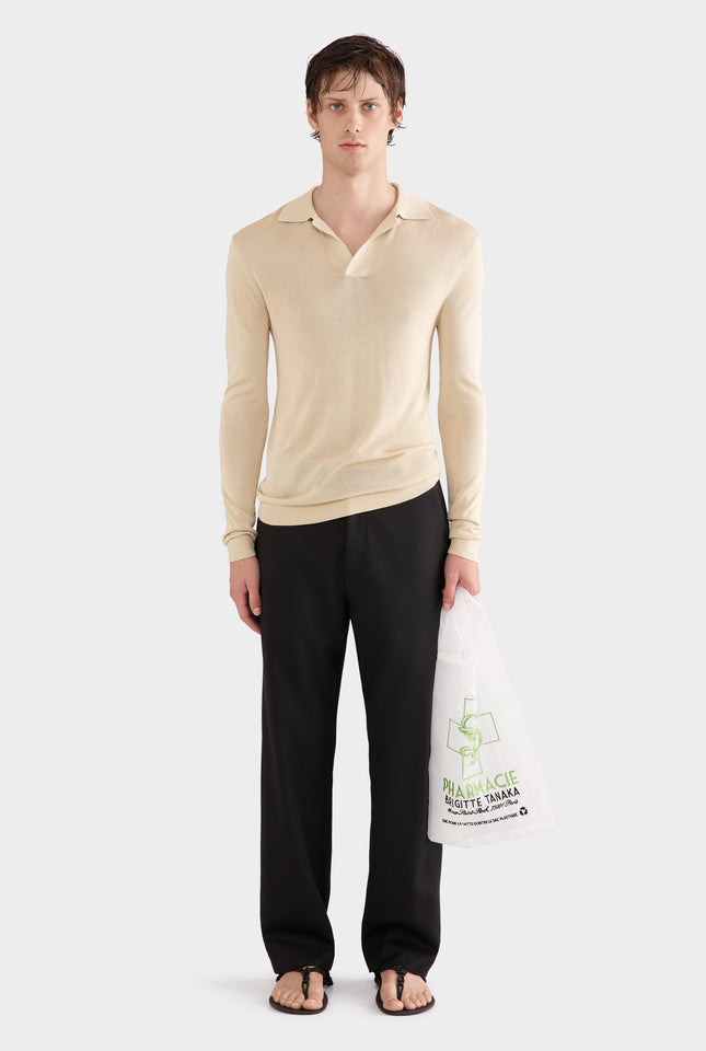 Long Sleeve Silk Knitted Open Neck Polo - Pale Straw