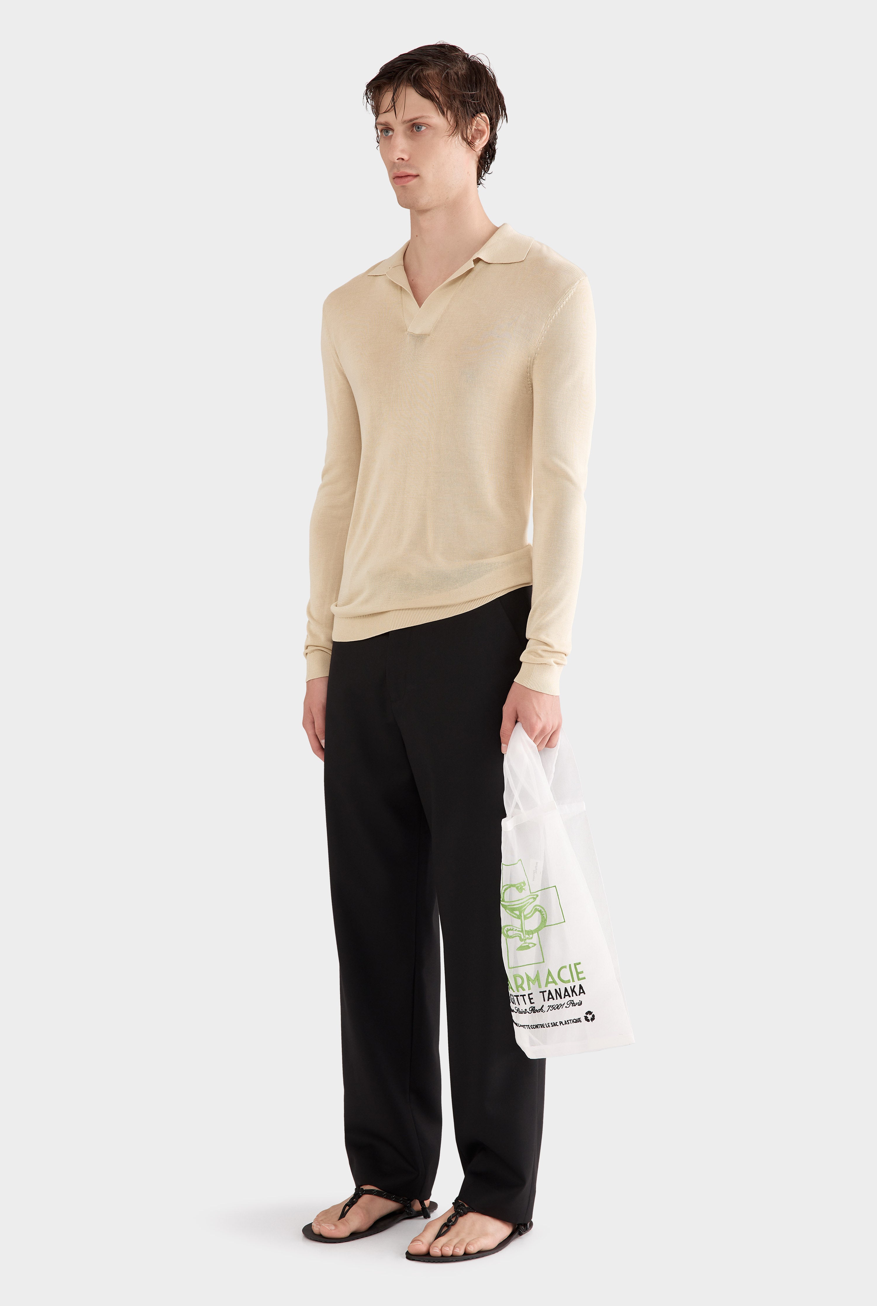 Long Sleeve Silk Knitted Open Neck Polo - Pale Straw