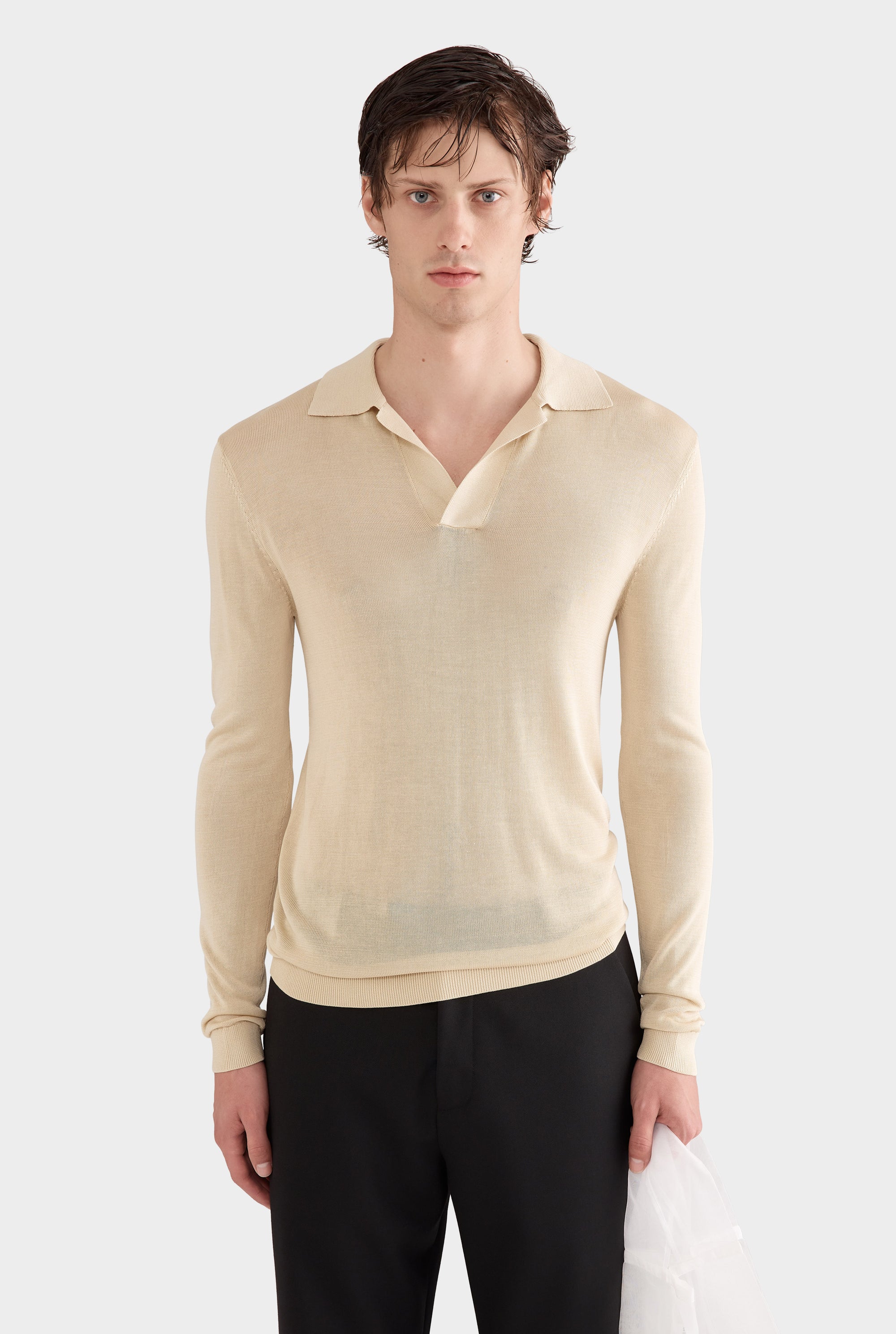 Long Sleeve Silk Knitted Open Neck Polo - Pale Straw