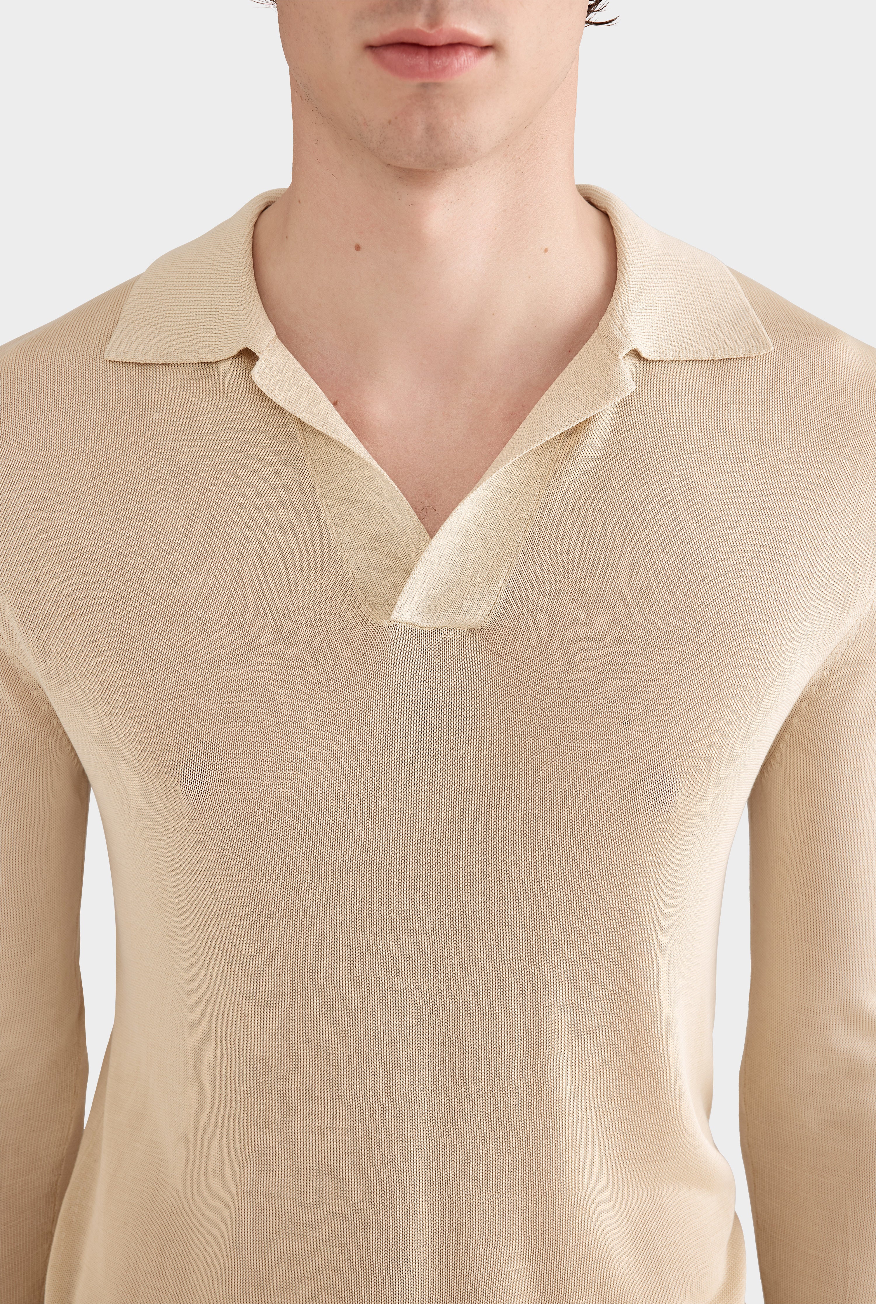 Long Sleeve Silk Knitted Open Neck Polo - Pale Straw