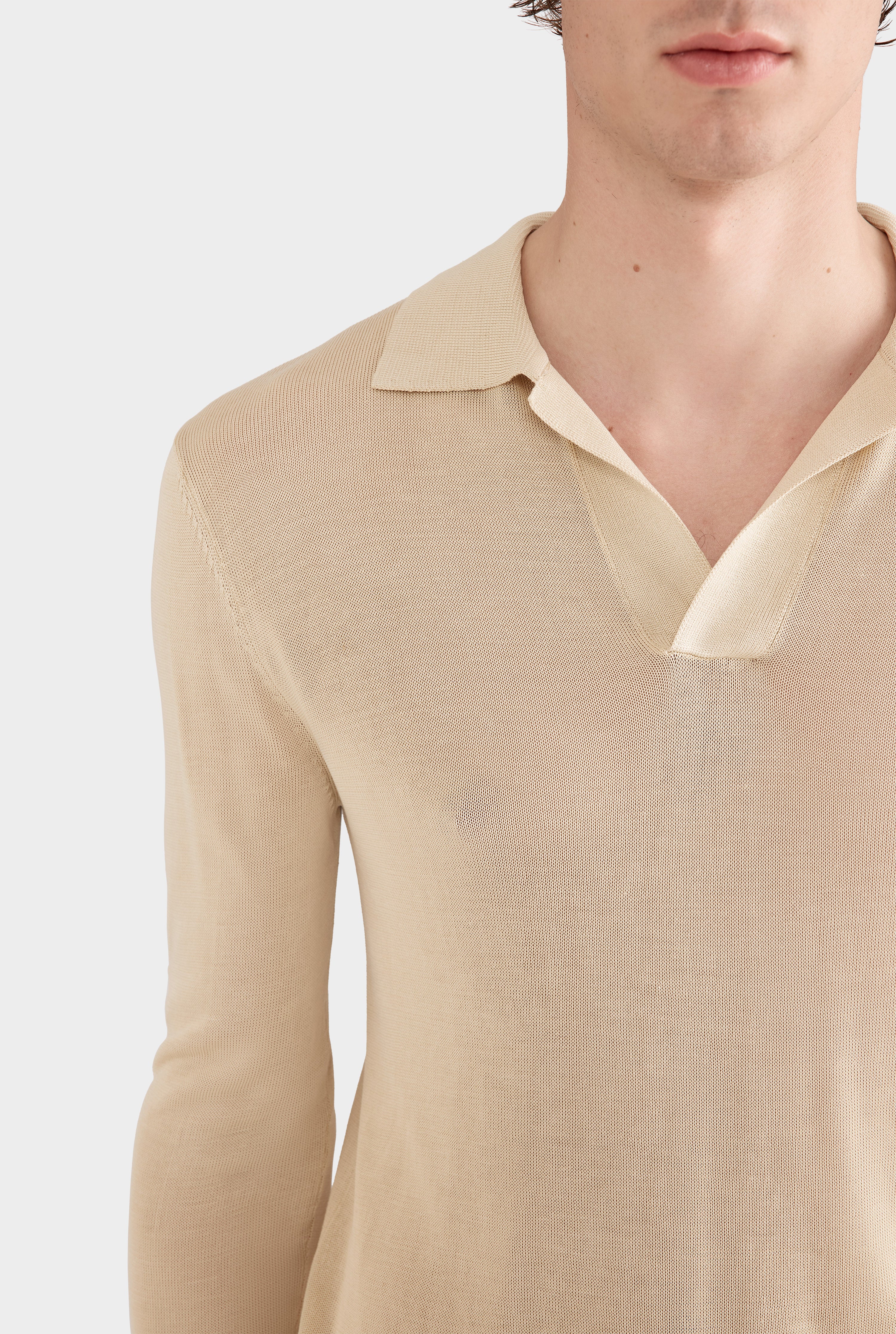 Long Sleeve Silk Knitted Open Neck Polo - Pale Straw