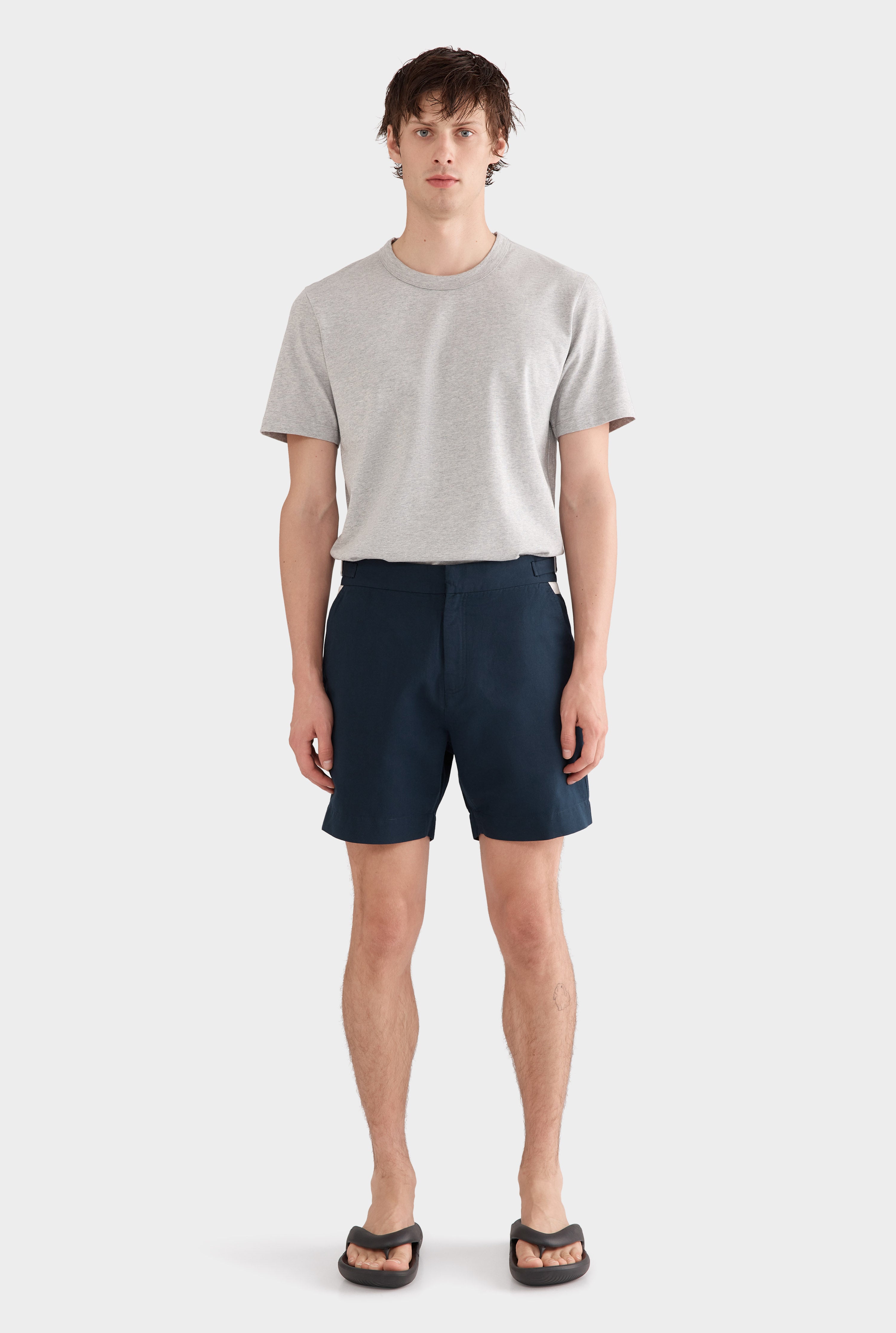 Cotton Linen Twill Side Tab Short - Navy/Natural Tape