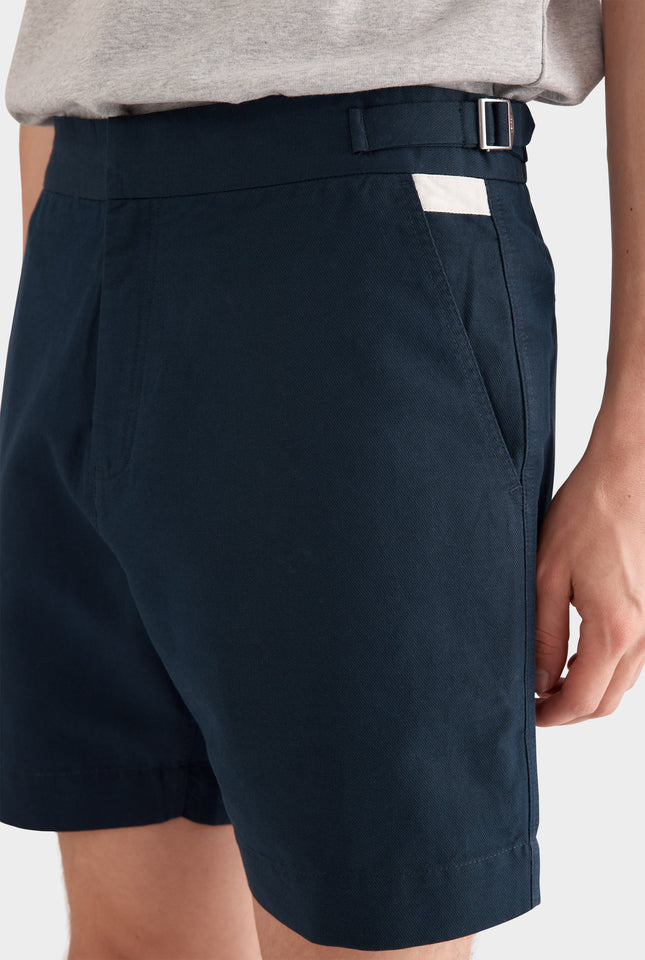 Cotton Linen Twill Side Tab Short - Navy/Natural Tape