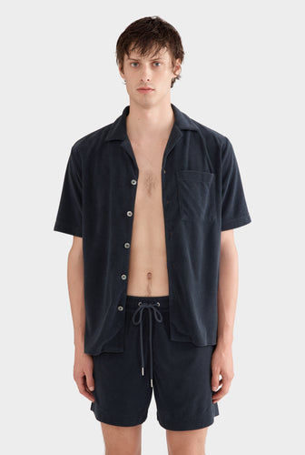 Flat Hem Terry Camp Collar Shirt - Navy