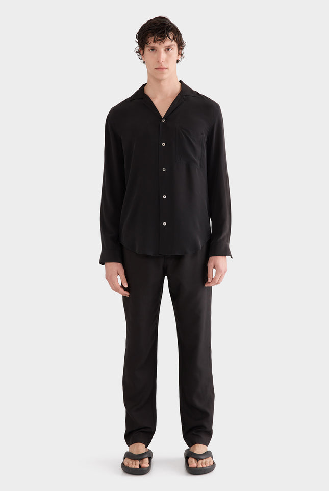 Long Sleeve Silk Camp Collar Shirt - Black