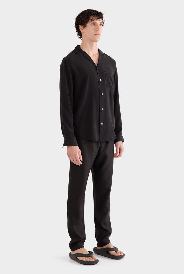 Long Sleeve Silk Camp Collar Shirt - Black