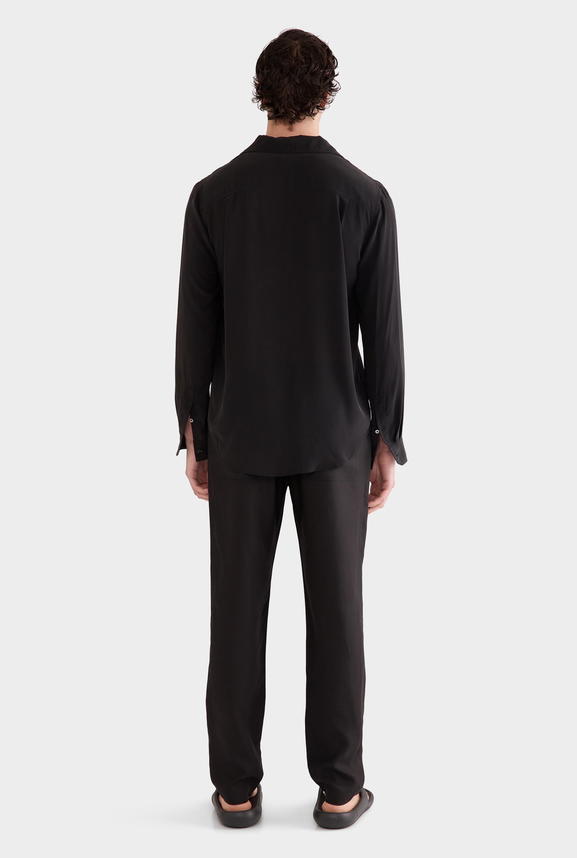 Long Sleeve Silk Camp Collar Shirt - Black