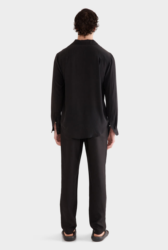 Long Sleeve Silk Camp Collar Shirt - Black