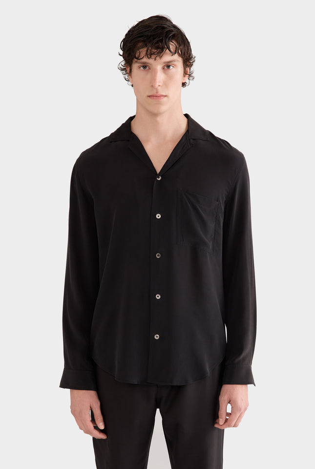 Long Sleeve Silk Camp Collar Shirt - Black