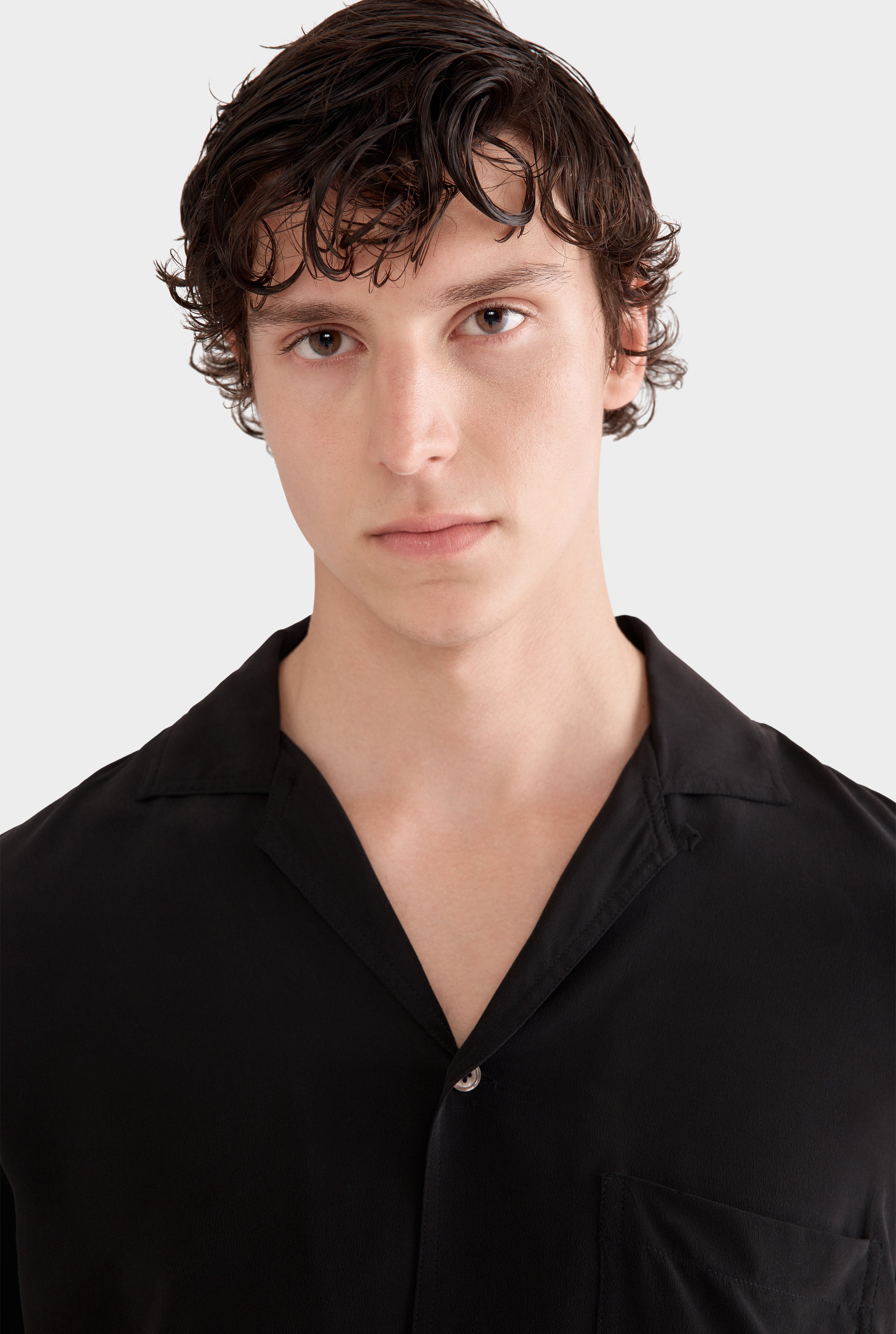 Long Sleeve Silk Camp Collar Shirt - Black