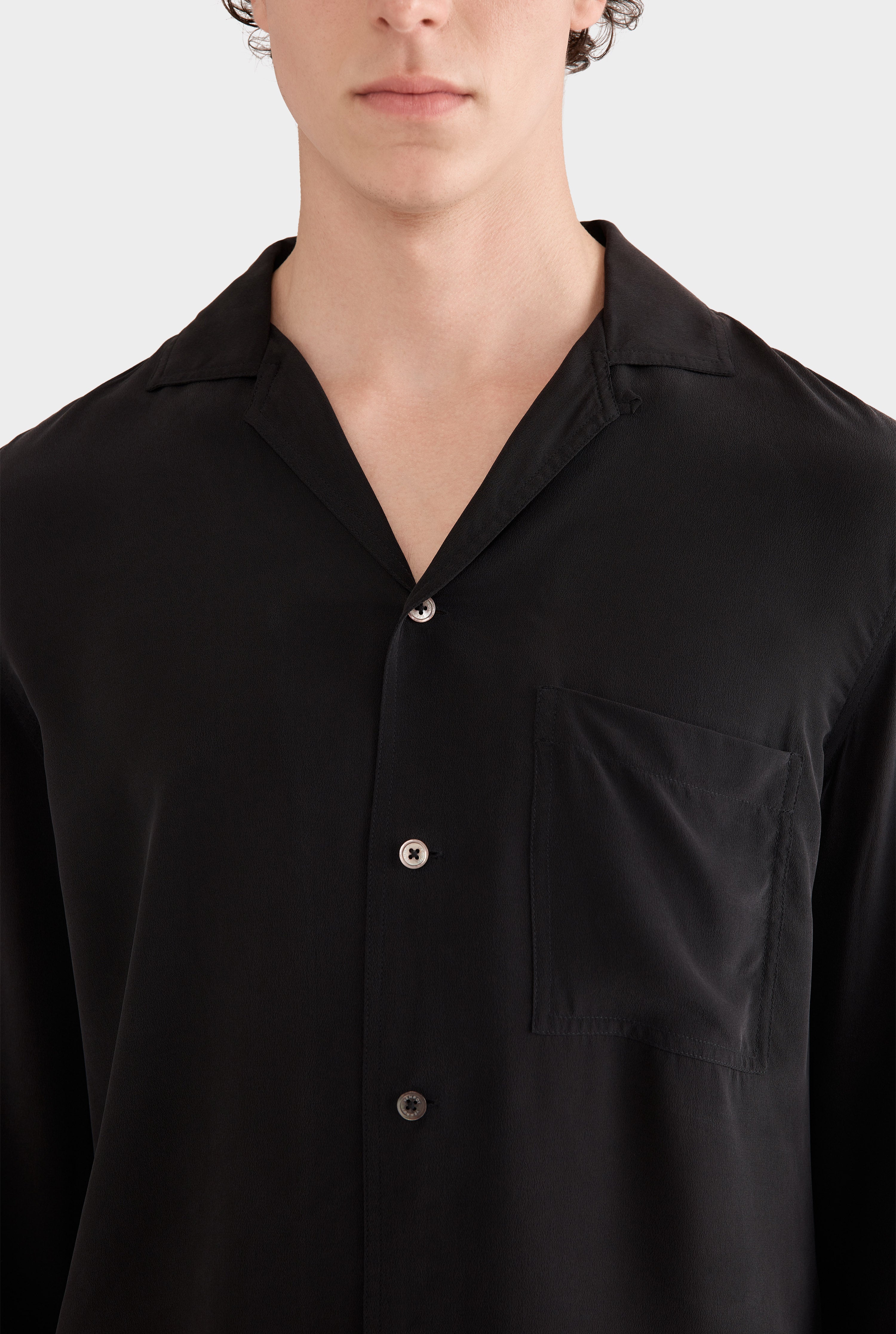 Long Sleeve Silk Camp Collar Shirt - Black