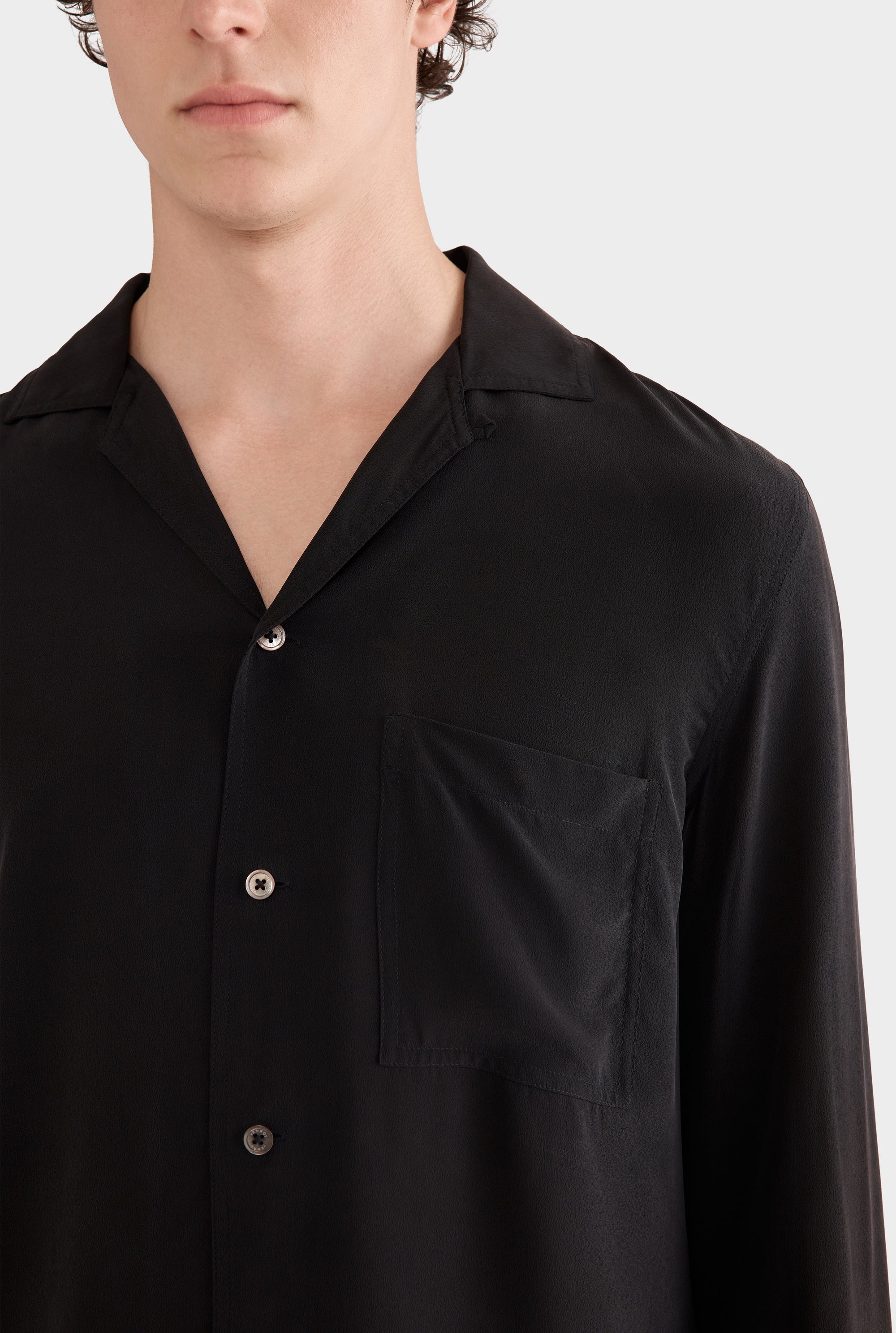 Long Sleeve Silk Camp Collar Shirt - Black