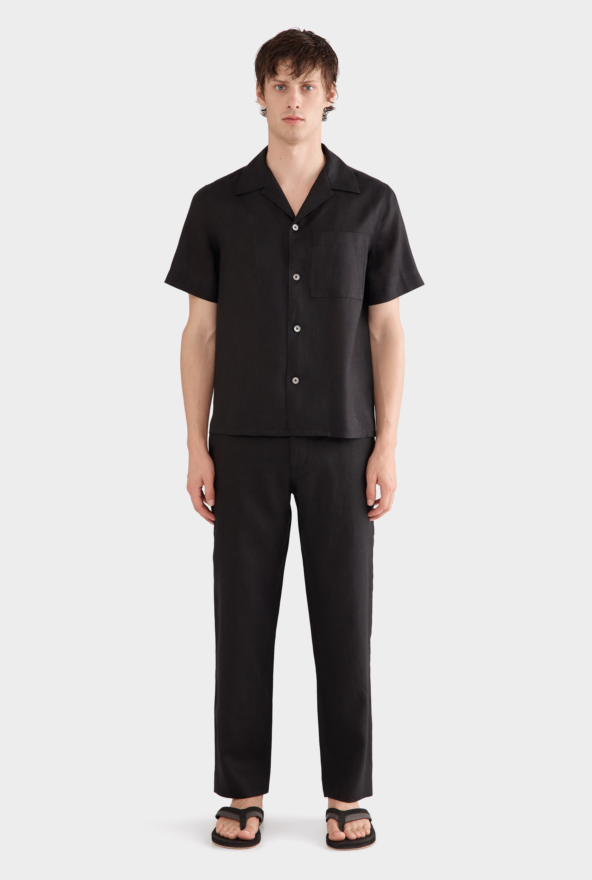 Short Sleeve Linen Camp Collar Shirt - Black