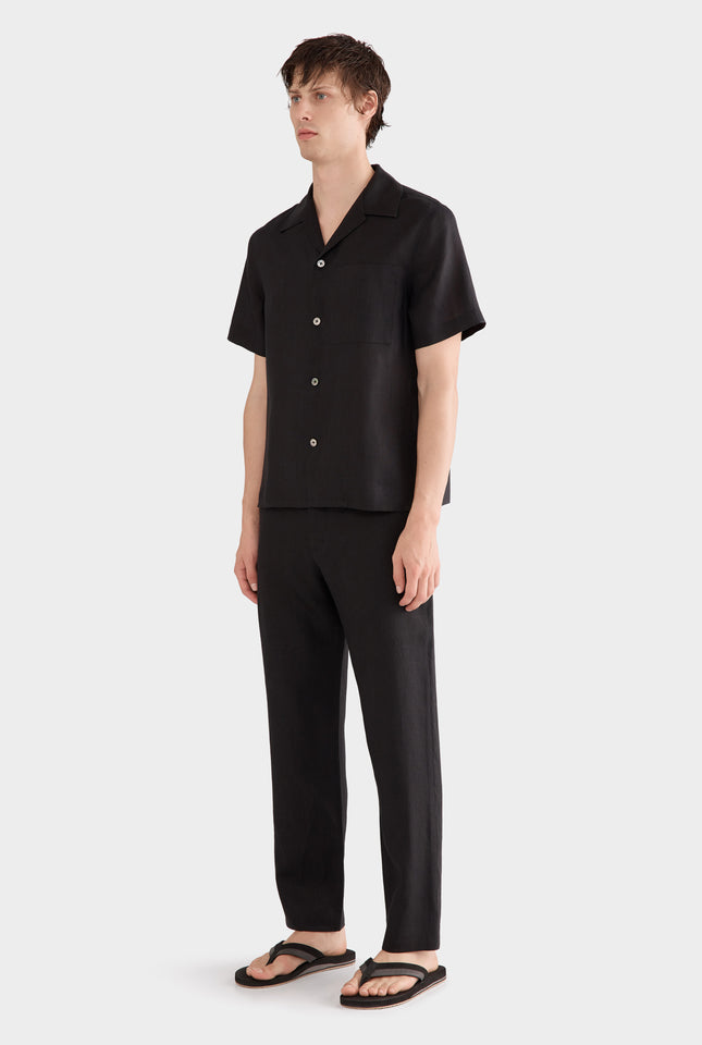 Short Sleeve Linen Camp Collar Shirt - Black