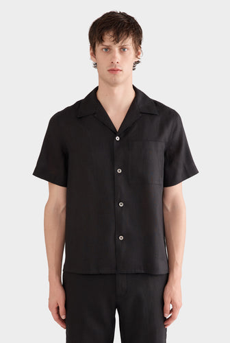 Short Sleeve Linen Camp Collar Shirt - Black