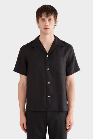 Short Sleeve Linen Camp Collar Shirt - Black