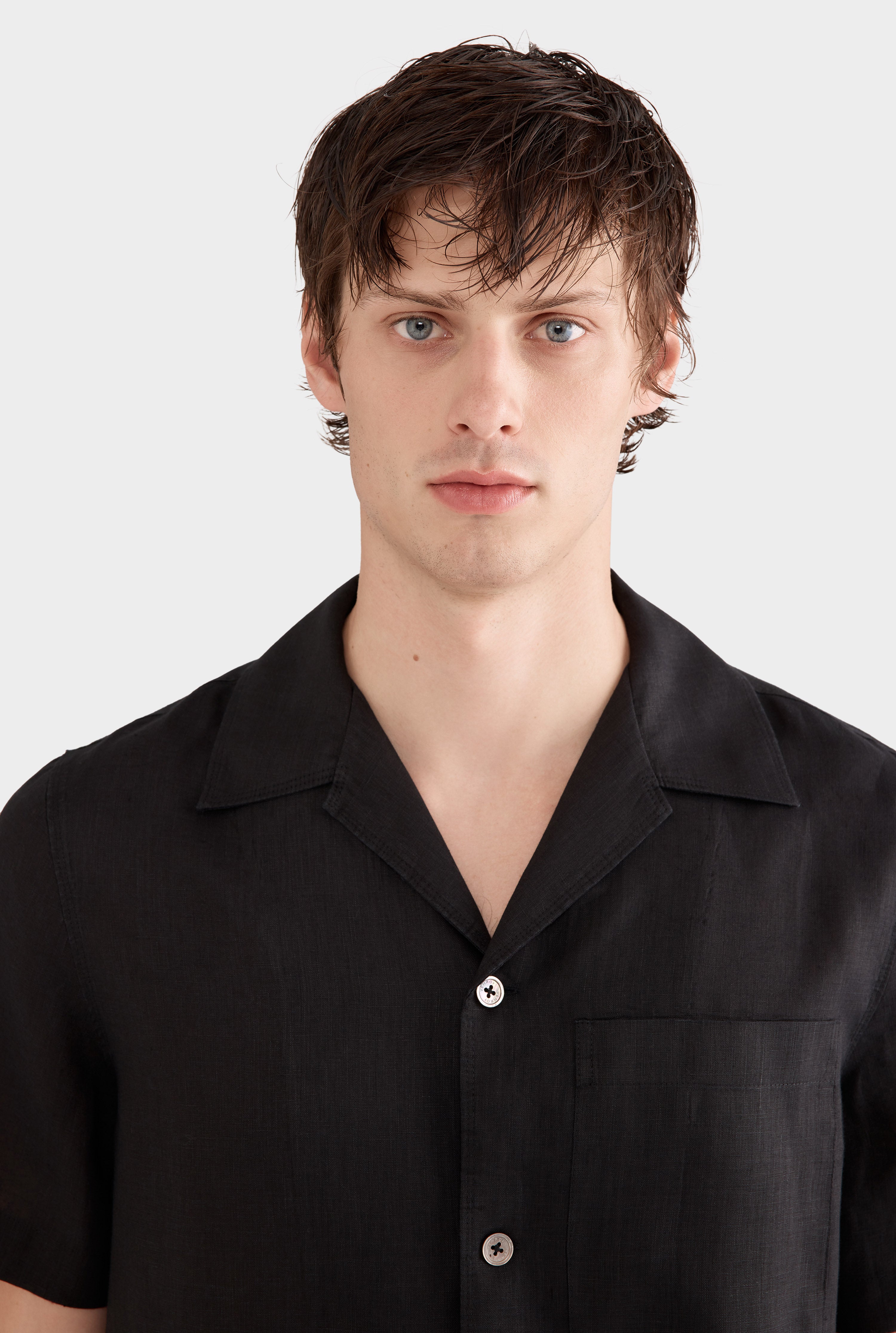 Short Sleeve Linen Camp Collar Shirt - Black