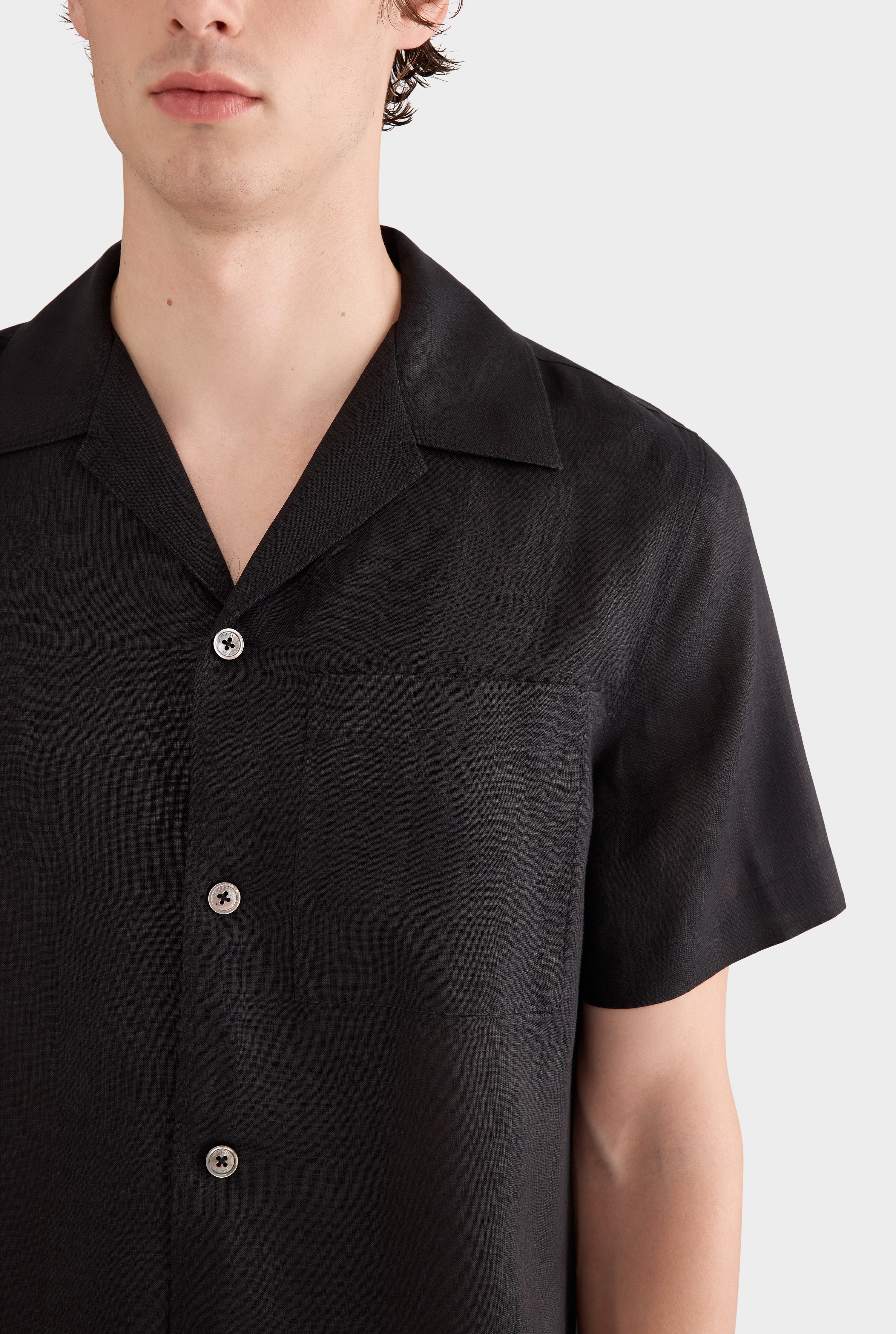 Short Sleeve Linen Camp Collar Shirt - Black