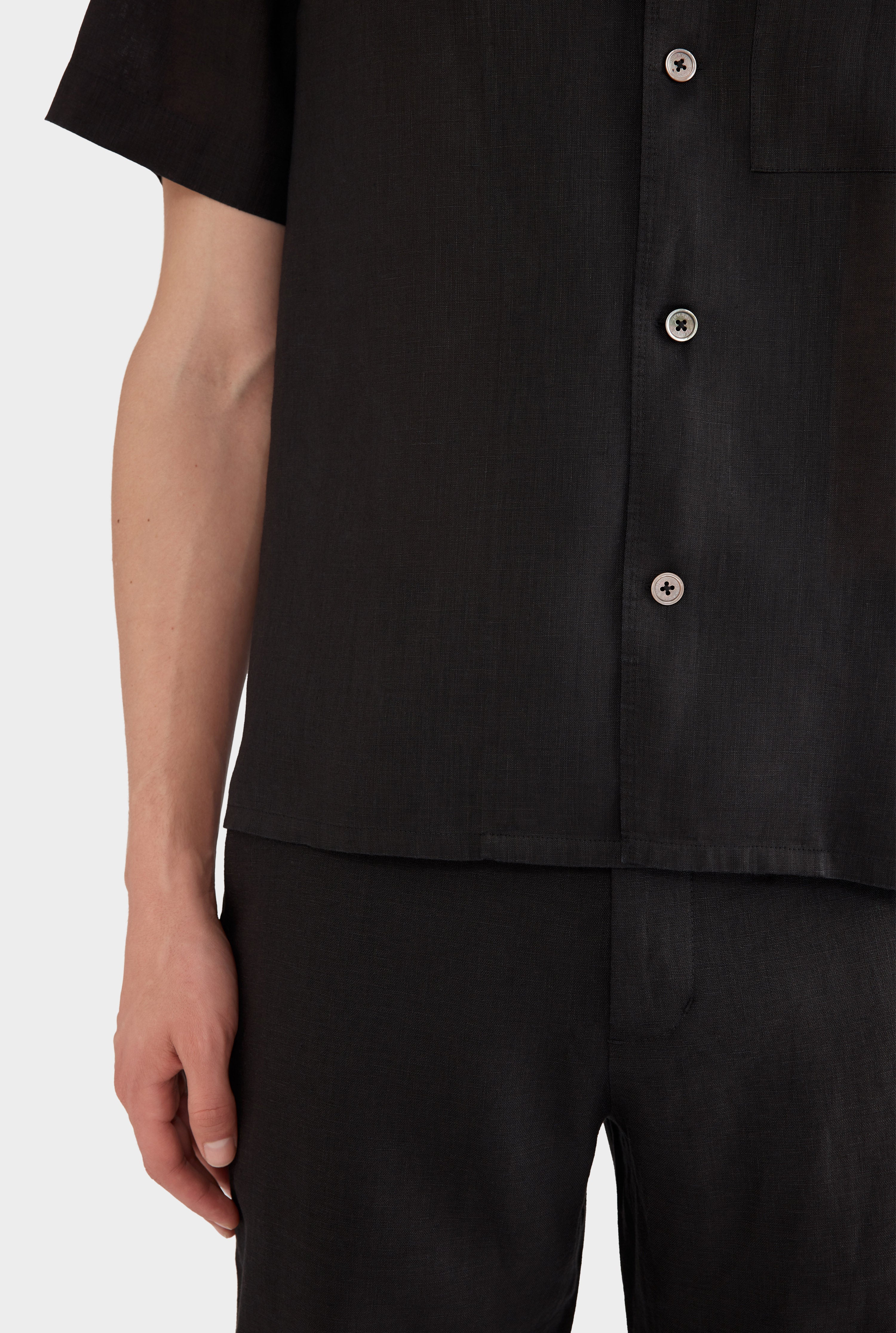 Short Sleeve Linen Camp Collar Shirt - Black