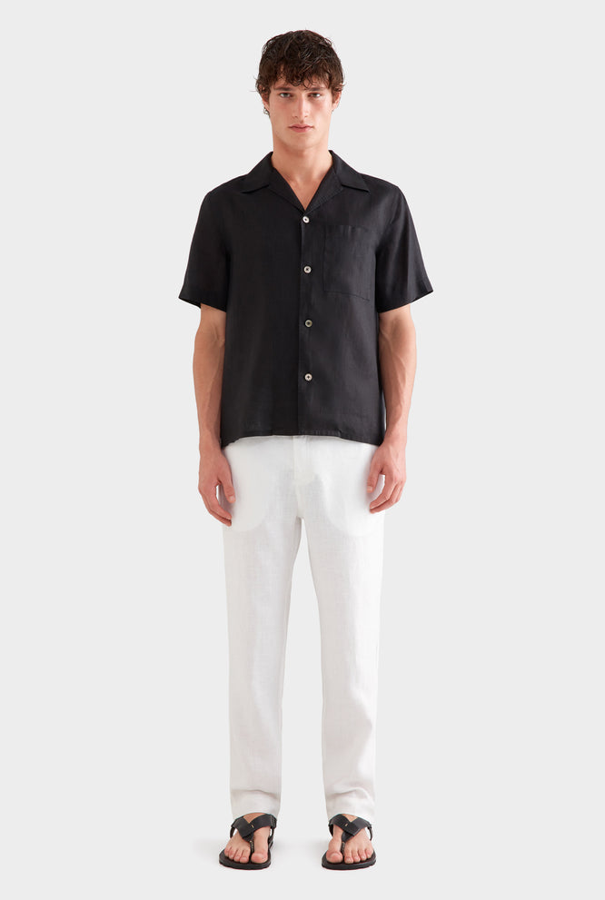 Short Sleeve Linen Camp Collar Shirt - Black