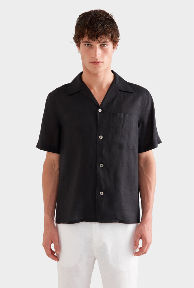 Short Sleeve Linen Camp Collar Shirt - Navy