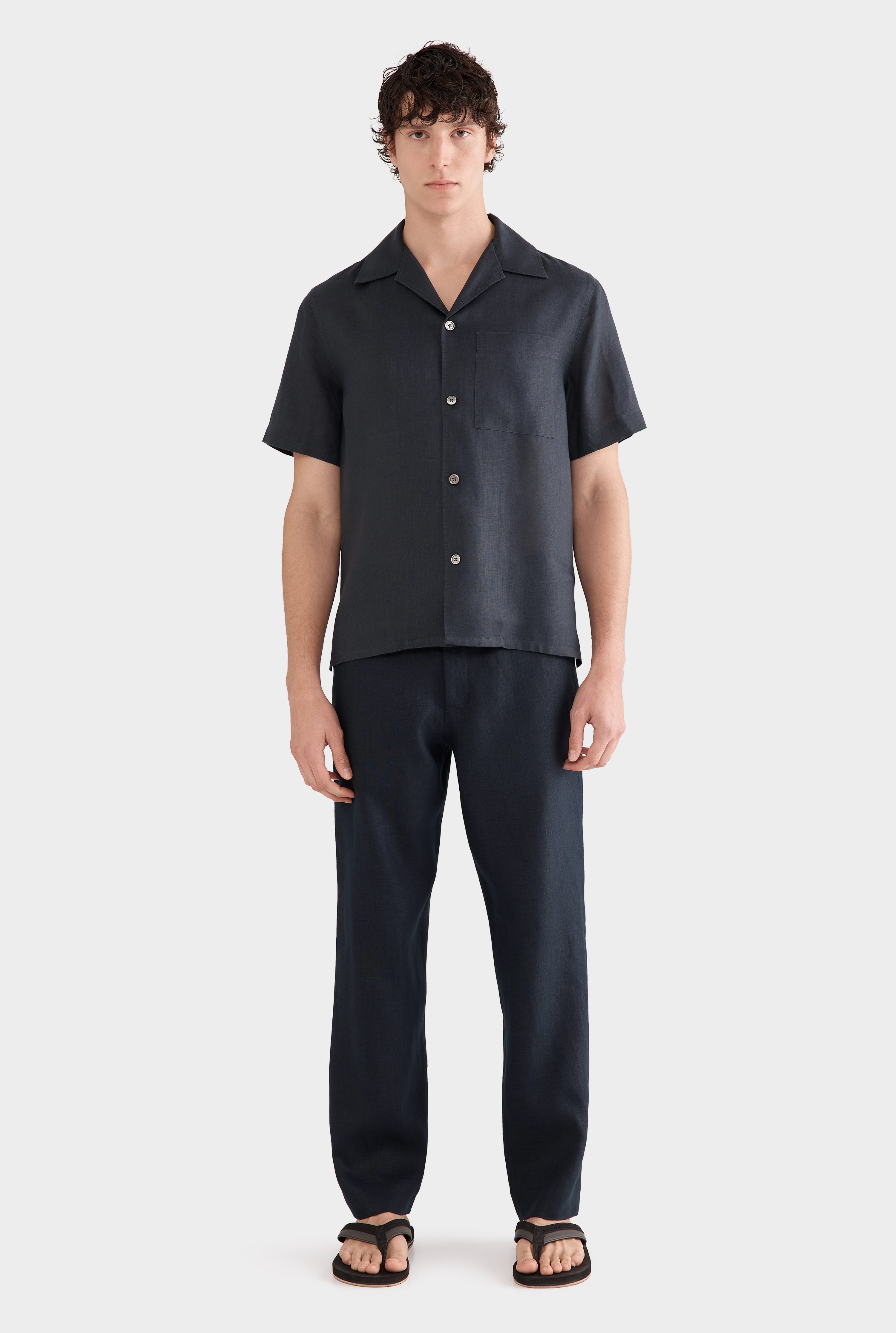 Short Sleeve Linen Camp Collar Shirt - Navy