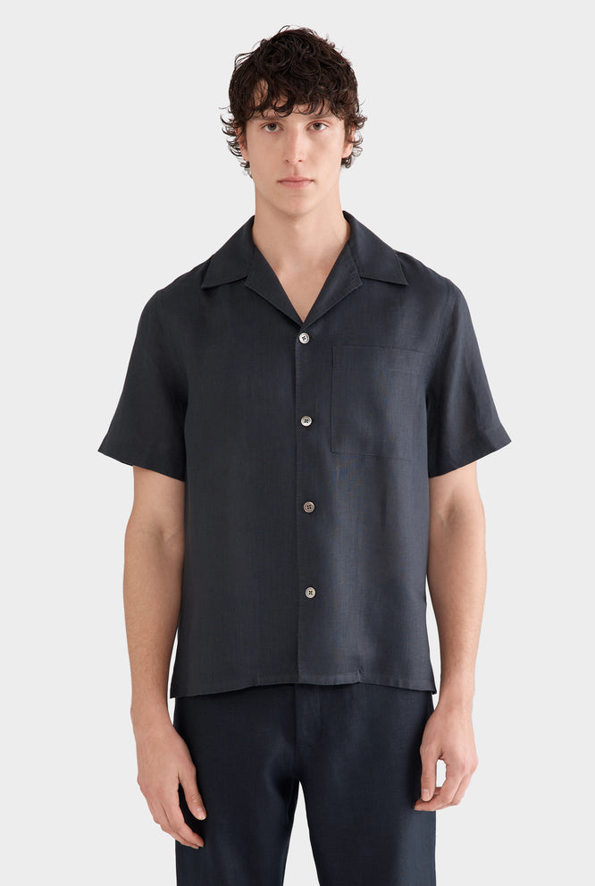 Short Sleeve Linen Camp Collar Shirt - Black