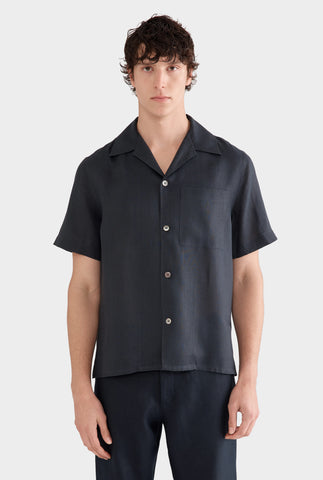 Short Sleeve Linen Camp Collar Shirt - Navy