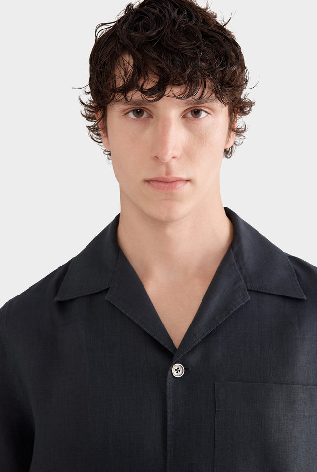 Short Sleeve Linen Camp Collar Shirt - Navy