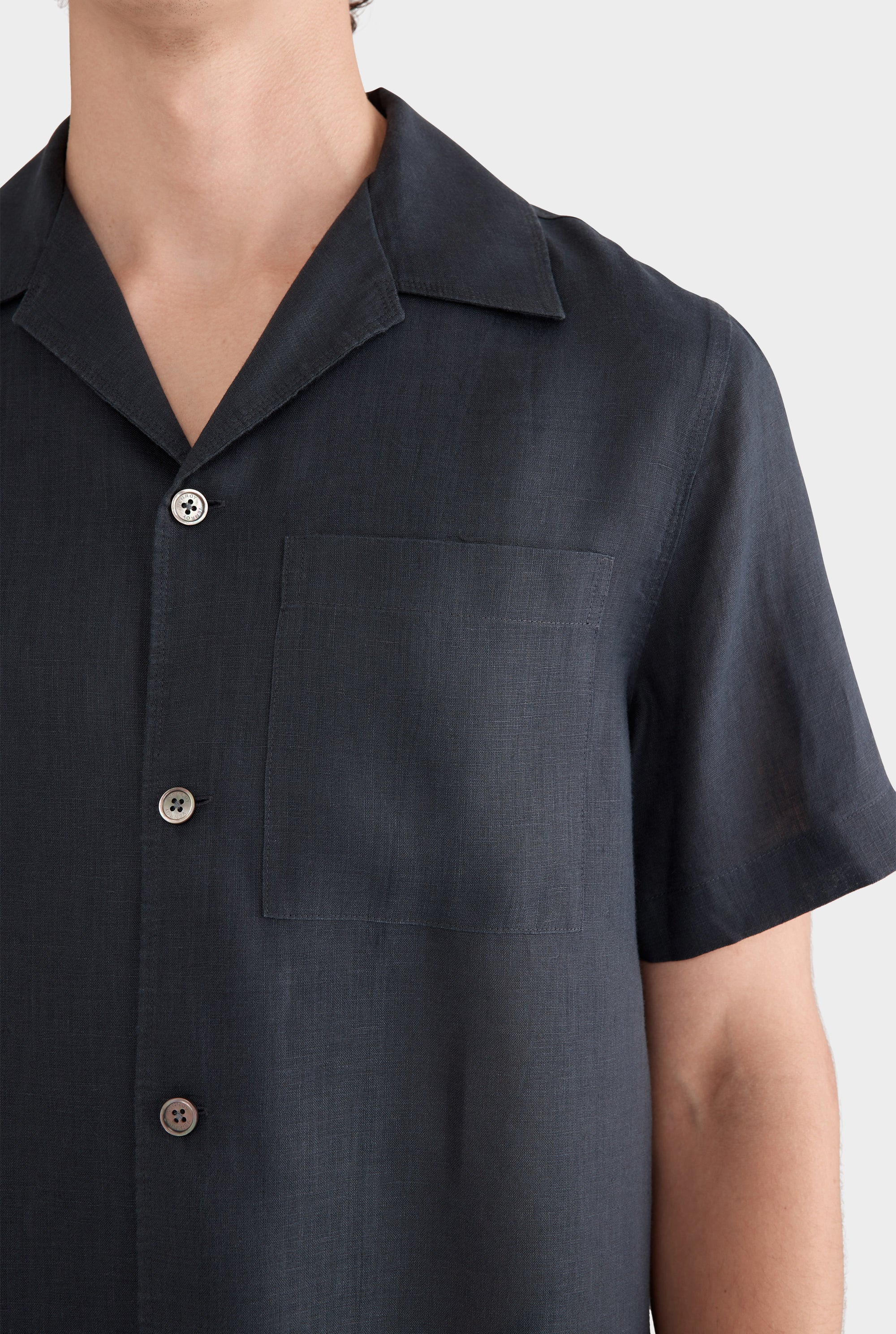 Short Sleeve Linen Camp Collar Shirt - Navy