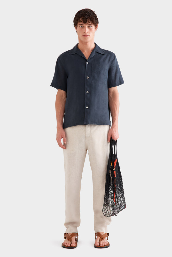 Short Sleeve Linen Camp Collar Shirt - Navy