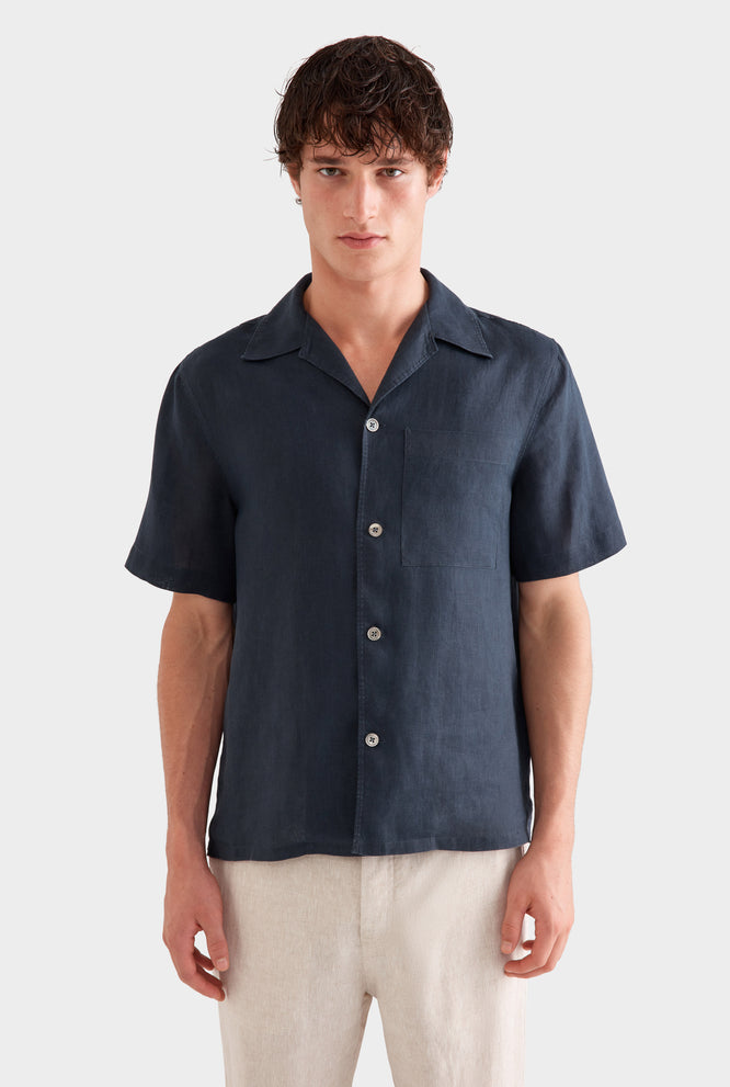 Short Sleeve Linen Camp Collar Shirt - Black