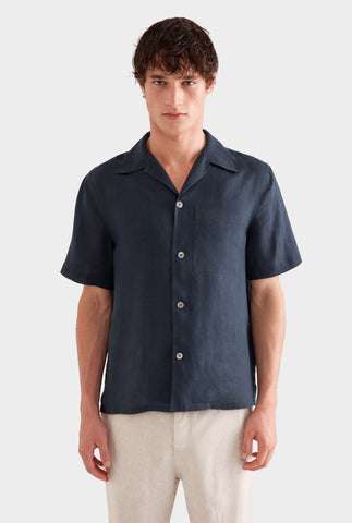 Short Sleeve Linen Camp Collar Shirt - Navy