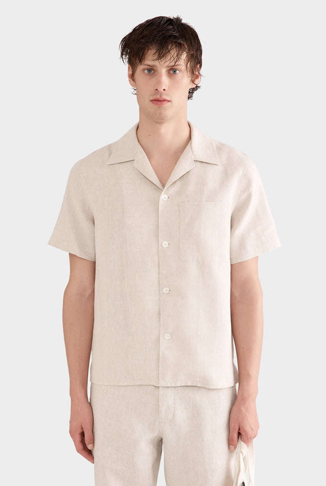 Short Sleeve Linen Camp Collar Shirt - Black