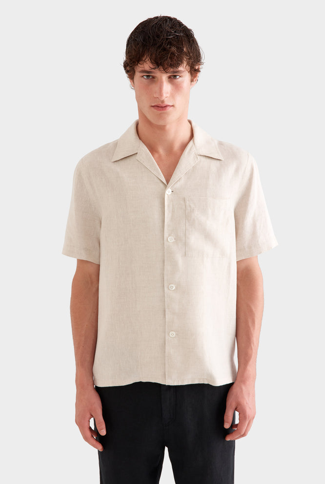 Short Sleeve Linen Camp Collar Shirt - White