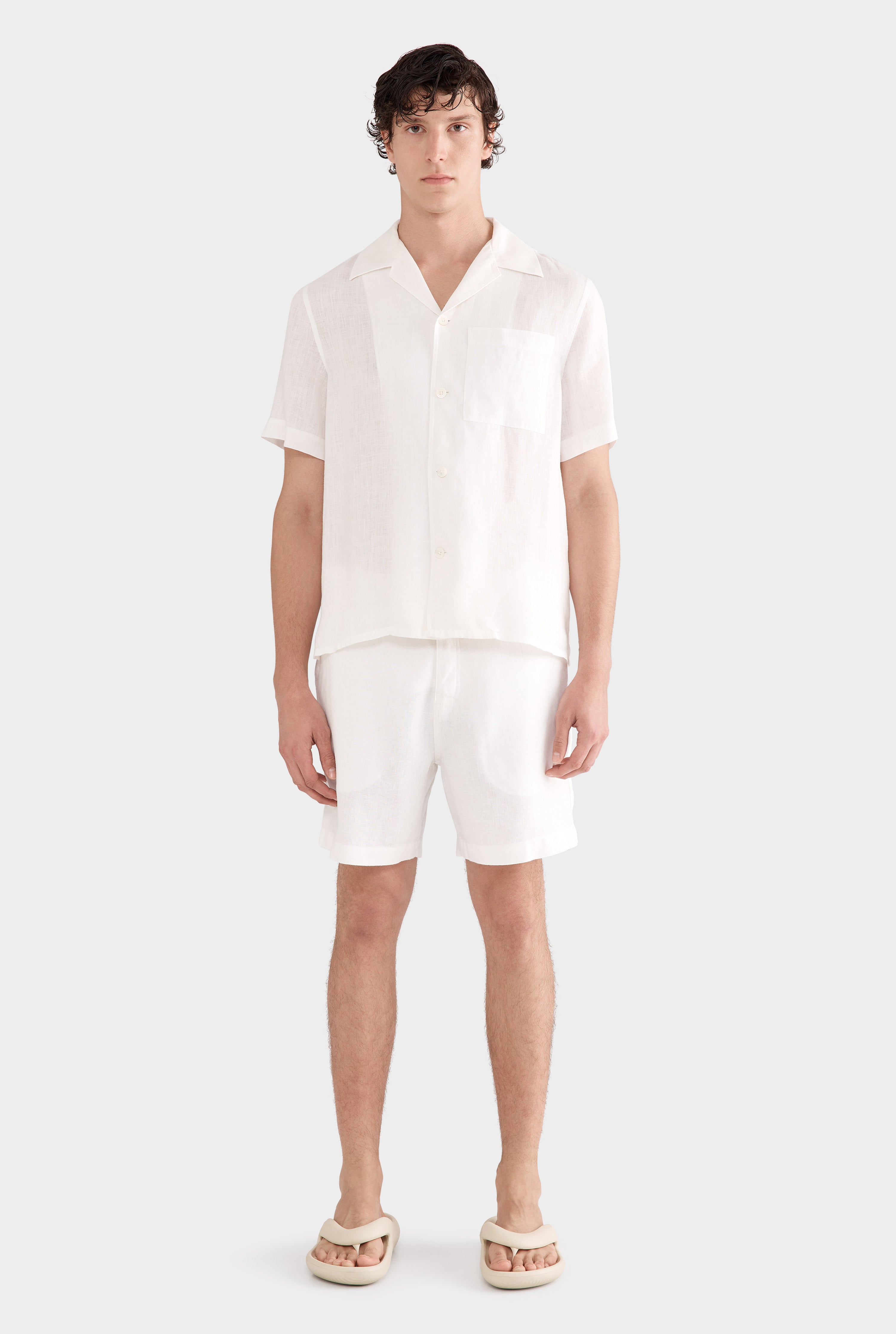 Short Sleeve Linen Camp Collar Shirt - White