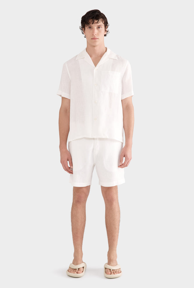 Short Sleeve Linen Camp Collar Shirt - White