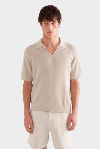 Textured Cotton Open Neck Shirt -  Taupe