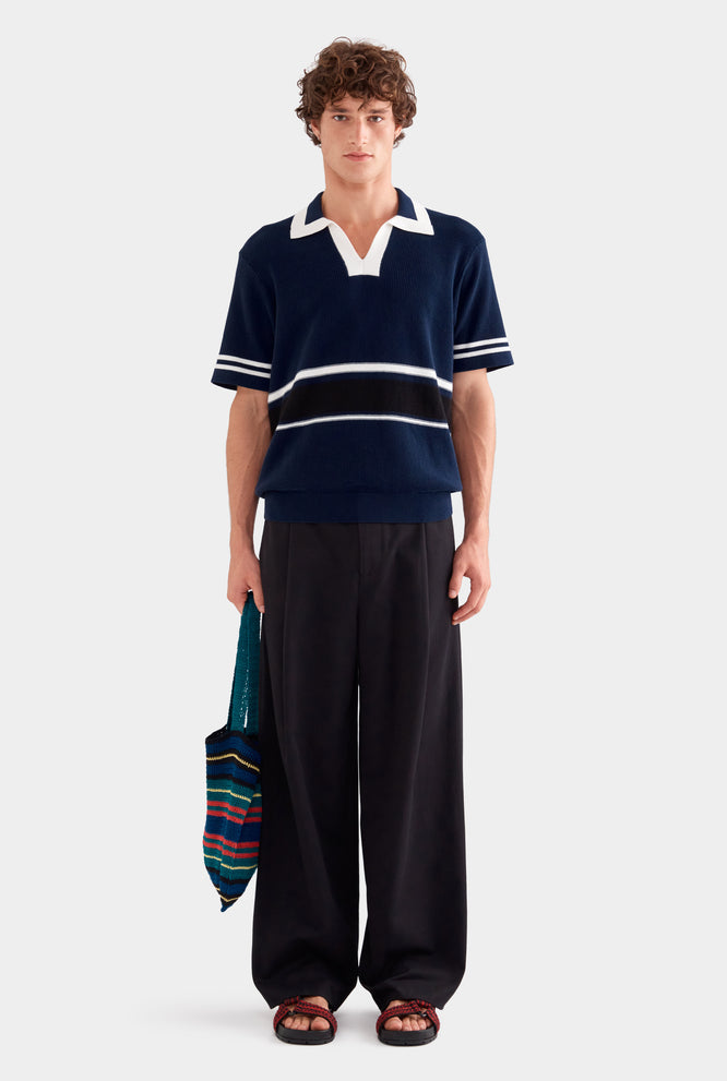 Contrast Open Neck Cotton Polo - Navy/Black/White