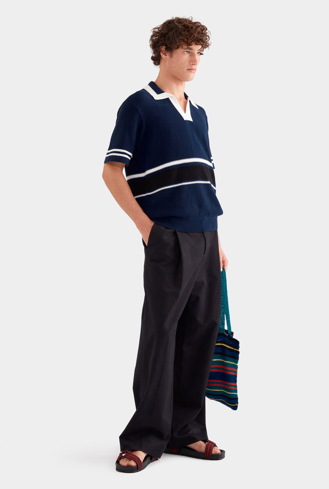 Contrast Open Neck Cotton Polo - Navy/Black/White