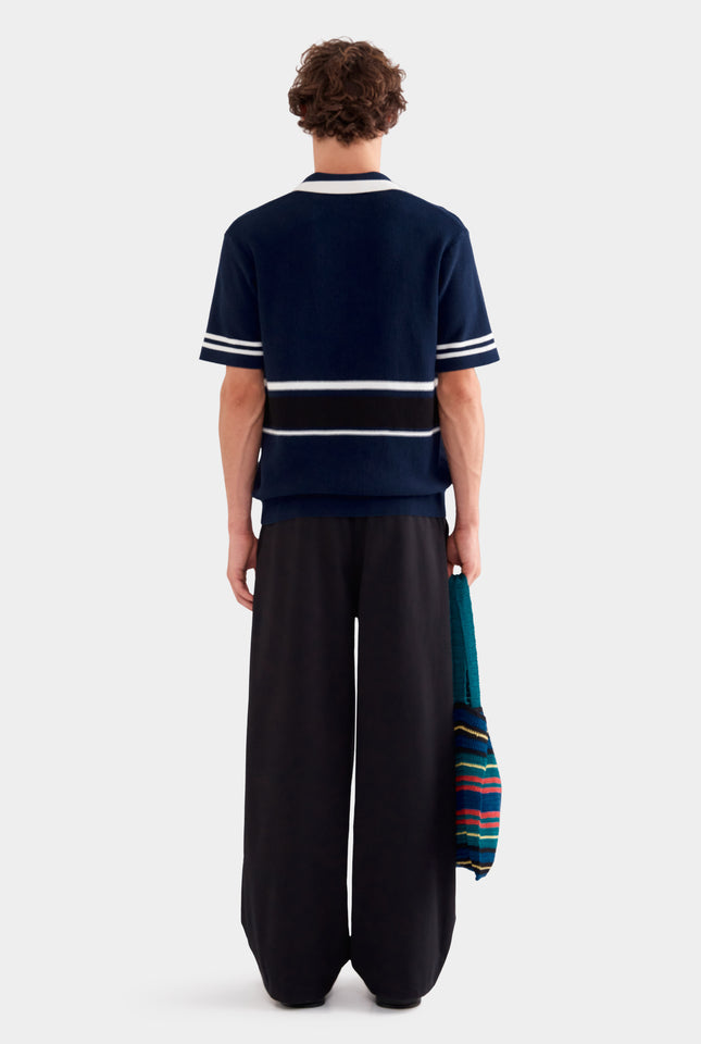 Contrast Open Neck Cotton Polo - Navy/Black/White