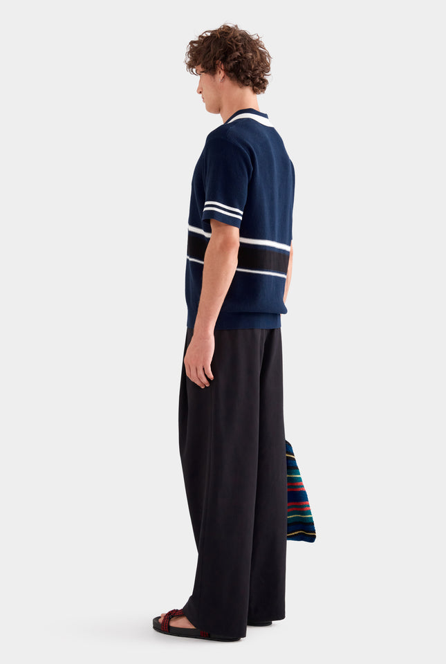 Contrast Open Neck Cotton Polo - Navy/Black/White
